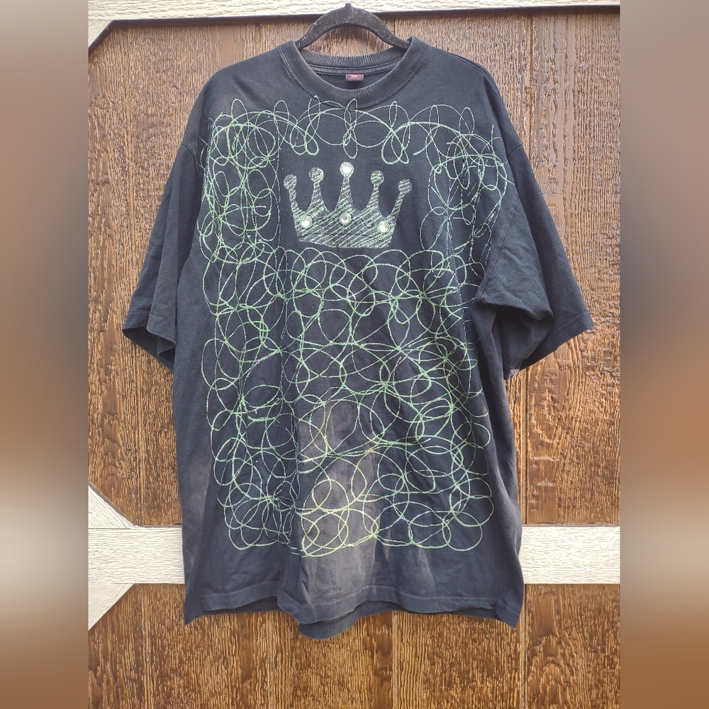 VTG King Black Graphic Bling Crown Sparkle Swirls Mens 2XL